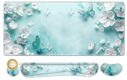 ToLuLu Large Mouse Pad Desk Pad, Wrist Rest Desk Mat for Keyboard and Mouse | 4PCS 35.4”x15.7" XXL Giant Mouse Pad, Non-Slip Base Stitched Edges Mousepad for Home Office, Teal Butterfly - color: Teal Butterfly