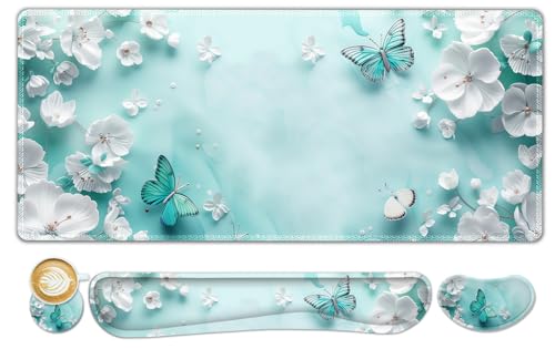 ToLuLu Large Mouse Pad Desk Pad, Wrist Rest Desk Mat for Keyboard and Mouse | 4PCS 35.4”x15.7" XXL Giant Mouse Pad, Non-Slip Base Stitched Edges Mousepad for Home Office, Teal Butterfly - color: Teal Butterfly