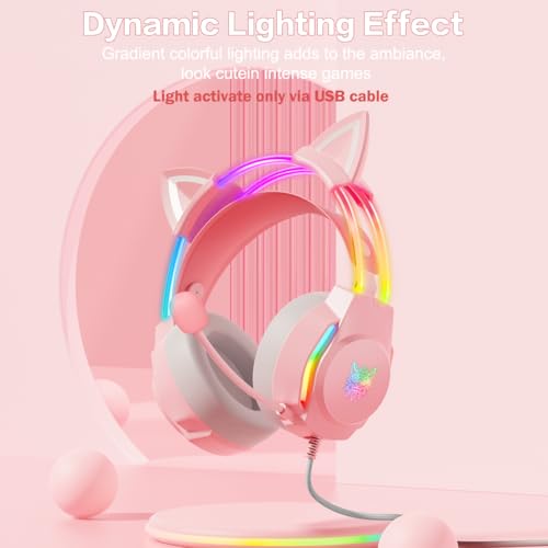 Gaming Headset with Microphone, Cat Ear Headphones for PC Laptop PS4 PS5 Xbox Switch, Pink, Rainbow RGB Lighting & Virtual Surround Sound, 3.5mm Wired Over Ear Headphones, Ergonomic - color: Pink Cat Ear