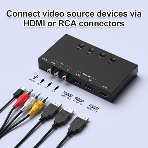 8K 60Hz 3x1 RCA/HDMI Switcher，2 Way HDMI 2.0 Adapter + 1 RCA to HDMI Converter，4:3/16:9 Screen Ratio Switch Support 3D for PS1/2/3/4/5, N64, SNES, Switch, DVD, Roku, Fire Stick - color: 3in to 1 Out RCA/HDMI Converter