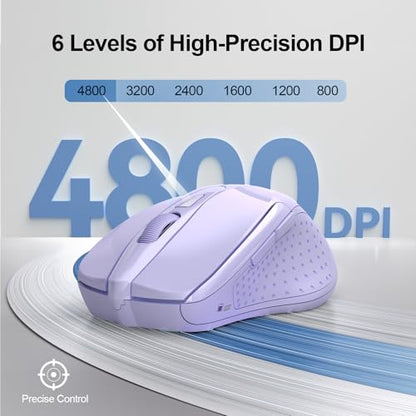 TECKNET Wireless Mouse, BT 5.0/2.4G, Silent 4800 DPI 6 Buttons, Lavender | Bluetooth 5.0/3.0 & USB A, 2-Device Easy Switch, Wide OS Compatible, 6-DPI, Ergonomic for S/M Hands, Extended Battery - color: Lavender