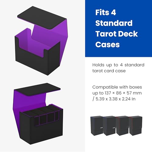 Tarot Card Storage Box – PU Leather Deck Organizer with Purple Interior & Magnetic Closure – Holds 4 Tarot Card Cases or 400+ Tarot Cards – Black Exterior – 10.5×14.5×23.5 cm /4.1×5.7×9.3in