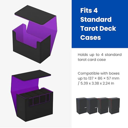 Tarot Card Storage Box – PU Leather Deck Organizer with Purple Interior & Magnetic Closure – Holds 4 Tarot Card Cases or 400+ Tarot Cards – Black Exterior – 10.5×14.5×23.5 cm /4.1×5.7×9.3in