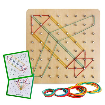 Wooden Geoboard, Montessori STEM Toy with Pattern Blocks for Kids Ages 3+ | Rubber Bands & Pattern Cards, Fine Motor Math Learning Geo Board, Classroom Home STEM Activity, Brain Teaser Educational Gift - size: 7*7 in
