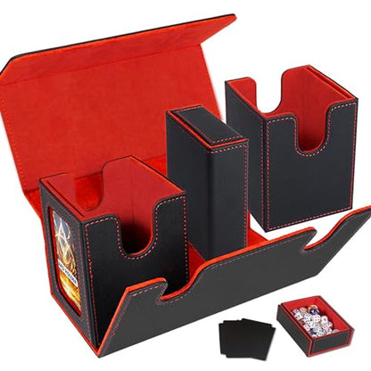 Card Deck Box for Trading Cards with Dice Storage, Double window separation Box Holds 200+ Single Sleeved Cards, PU Leather Magnetic Closure Storage Case for Magic Commander TCG CCG (Black&Red)