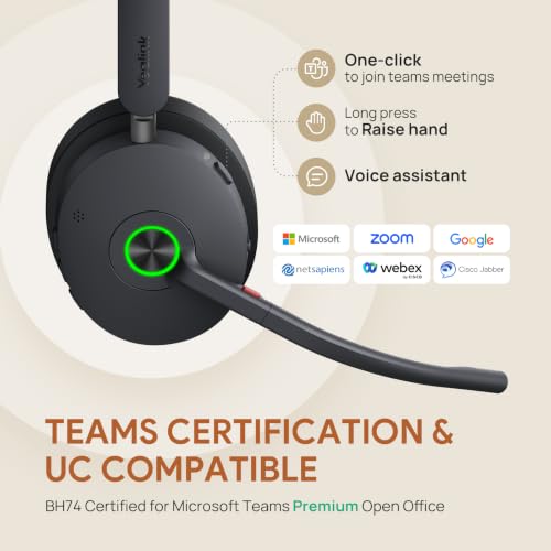 Yealink BH74 ANC Wireless Headset with Mic for Work, Bluetooth Headset Noise Cancelling with 6 AI Microphone,32H Battery Life & Mute Button,Microsoft Teams Premium Open Office Certified for PC - color: Black (Teams), style: BH74