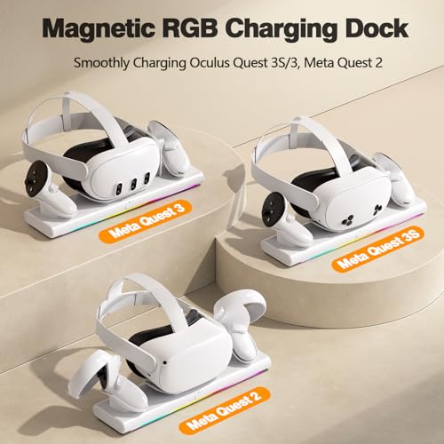 Charging Dock for Meta Quest 3S/3/2, PD 20W Fast Charging Station-Meta/Oculus Quest 3S/3/2 Accessories, Magnetic Charger Stand for VR Headset/Controller, RGB Light, Rechargeable Batteries&USB-C Cable