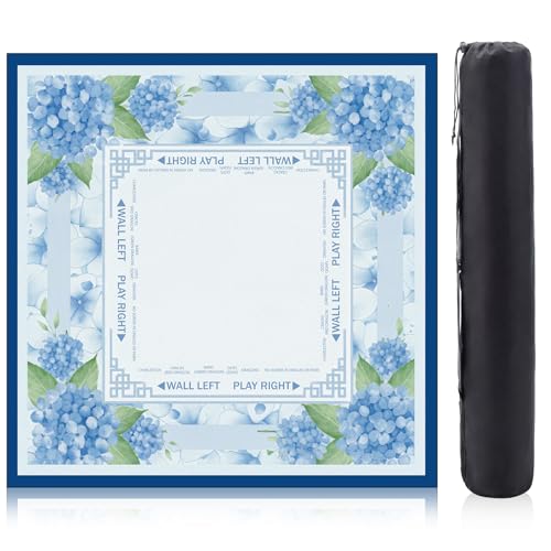 Flower Mahjong Mat with Rules 31.5" x 31.5" Non-Slip Noise Reduction Gaming Mat with Carrying Bag American Mahjong Table Cover for Poker Board Card Games Dominoes(Blue) - style: Blue