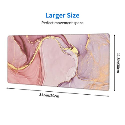 Rose Gold Marble Mouse Pad Abstract Pink Desk Mat 31.5x11.8 Inch Marbled Texture Non-Slip Rubber Base Large Rose Gold Mousepad Stitched Edges Keyboard Mouse Mat Desk Pad for Office Home Game - color: Rose Gold Marble