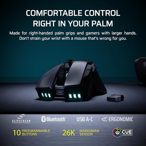 Corsair IRONCLAW Wireless SE Gaming Mouse – 26,000 DPI, Ergonomic Design for Larger Hands, 10 Programmable Buttons, for MOBA, FPS, MMO – Black