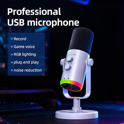 USB/XLR Desktop Dynamic Microphone with RGB Lighting, Noise Reduction, Mute Button & Headphone Jack - Podcast, Gaming, Streaming Mic for PC & Computer (White) - color: White