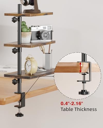 3 Tiers Clamp On Desk Shelf, 360° Angle Adjustable Desktop Shelf Organizer for Home Office Gaming Room, No Drill Desk Extender Adapt to 0.4-2.16 inches Table Thick, Black Brown - color: 3-tier Black Brown