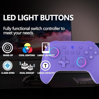 SZYUYU Switch Controller for Switch 2,Switch Pro Controller for Switch/OLED/Lite/PC with 7 Colors LED Light/3-level TURBO Adjustable,4-Speed Dual Vibration/Hall Effect Sticks/Wake Up/Gyro Axis Motion(Purple) - color: Purple