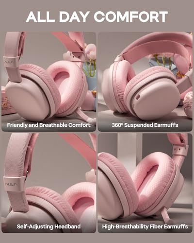MechLands Aula G7 Wireless Gaming Headset for PS4/PS5/PC/Switch, Over-Ear Headphones with Detachable Noise Canceling Mic, RGB, Surround Sound, 60H Battery, 2.4GHz/BT/Wired (Pink) - color: Pink