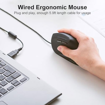 SANWA Wired Ergonomic Vertical Mouse, Silent Click & Remap with Software | 3 Programmable Buttons, Optical USB Mouse, 1000/1600 DPI, Wrist Relief, 55° Natural Comfort, Compatible Win/Mac/Laptop/PC