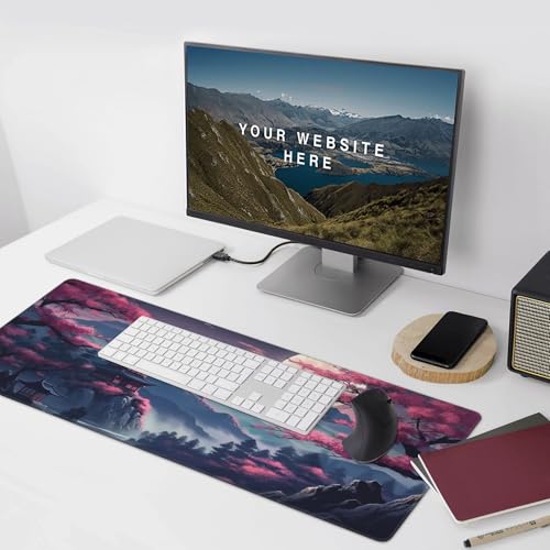 Japanese Landscape Gaming Mouse Pad, 35.4 x 15.7 inches, Extended Desk Mat with Non-Slip Base, Cherry Blossom Design - color: Pink Mountain Night View