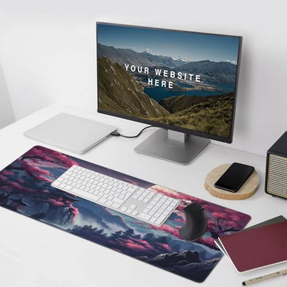 Japanese Landscape Gaming Mouse Pad, 35.4 x 15.7 inches, Extended Desk Mat with Non-Slip Base, Cherry Blossom Design - color: Pink Mountain Night View
