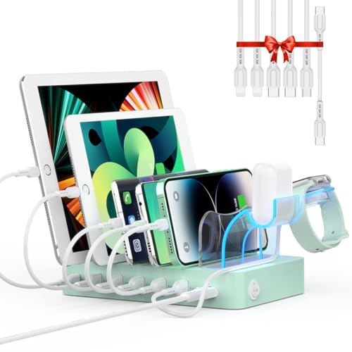 SooPii 60W/12A 6-Port Charging Station for Multiple Devices, PD 20W USB C Fast Charging for lPhone 14/13/12,6 Short Cables Included, 2 in 1 Holder,for Phones,Tablets and Others - color: Green