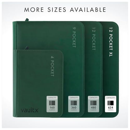 Vault X 12 Pocket XL Zip Trading Card Binder 624 Cards Exo-Tec (Green) | Holds 624 standard-size TCG cards in 26 side-loading 12-pocket pages. Padded, water-resistant Exo-Tec cover. - color: Green, size: 12 Pocket XL