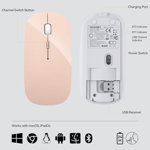 TECKNET Wireless Mouse, 4800 DPI Rechargeable Bluetooth Mouse for Laptop | Bluetooth 5.2/3.0 & 2.4G, Ultra-Thin, 6-Level Adjustable 4800 DPI Computer Mouse for Mac OS, iPad, Windows, Android - color: pink