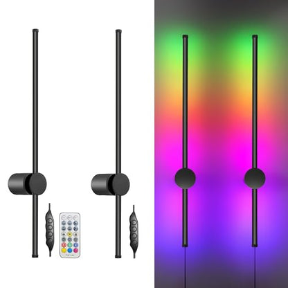 RGB LED Wall Sconces Set of Two with Remote, 15 Color Modes, Dimming, DIY 180° Rotate, Black Plug in Wall Sconces with Warm Light, Dynamic Multicolor Ambience Lights, Plug in Wall Light, 23.6 Inches