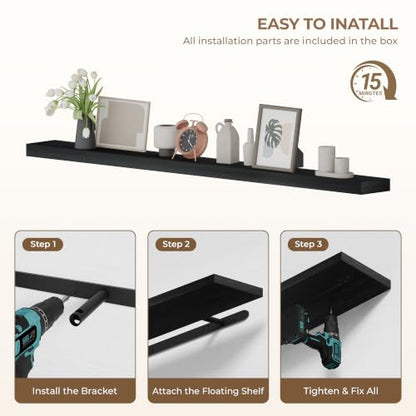 60 inch Long Black Floating Shelves Set of 1 | Solid Wood Large Wall Shelves with Invisible Brackets for Living Room, Bedroom, Bathroom, Kitchen, Laundry Room (Black, 60 Inch) - color: Black, size: 60 Inch set of 1