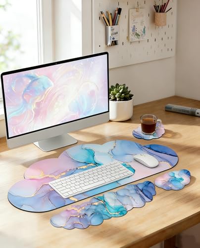 JIKIOU Ergonomic Keyboard Wrist Rest &Large Mouse Pad&Mouse Wrist & Cup Pad | Cute Cloud Shape, 4 in 1 Memory Foam Desk Mat, Ultra-smooth Surface, Savior of Wrist Pain, Anti-slip Rubber Base, Waterproof - color: 06Marble Blue