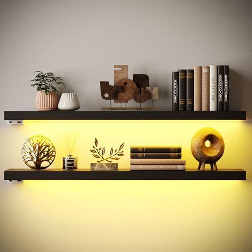 BAMEOS Floating Shelves with LED Light, Wall Mounted Wooden Shelves with Invisible Brackets, Set of 2, Hanging Wall Shelves for Bedroom, Bathroom, Living Room and Kitchen(31", Blcak) - color: Black-cob, size: 31 x 7
