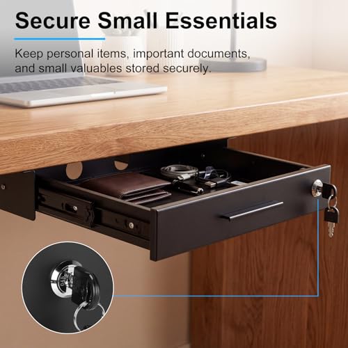 Menkxi 18'' x 12'' Under Desk Drawer Slide Out Storage Organizer, Lockable Metal Desk Drawer for Laptop and Office Accessories, Large Hidden Under Table Storage Box with Cable Management, Black - size: 18'' x 12''