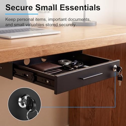 Menkxi 18'' x 12'' Under Desk Drawer Slide Out Storage Organizer, Lockable Metal Desk Drawer for Laptop and Office Accessories, Large Hidden Under Table Storage Box with Cable Management, Black - size: 18'' x 12''