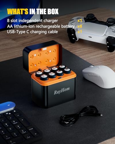 8 Pack 3400mWh Rechargeable Lithium AA Batteries with Charger | 1.5V Constant Output, High Capacity, 8-Slot Double A Li-ion Charger with Smart Charging, Multiple Charging Protections - color: 8AA+Charger