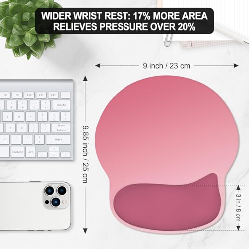 ITNRSIIET Ergonomic Mouse Pad with Wider Memory Foam Wrist Rest +17% - Curved Cushion Reduces Pressure 20%, Pain Relief, Non-Slip, Smooth, Cute Colors, 9.85 x 9 in, Pink Ombre - color: Pink Ombre