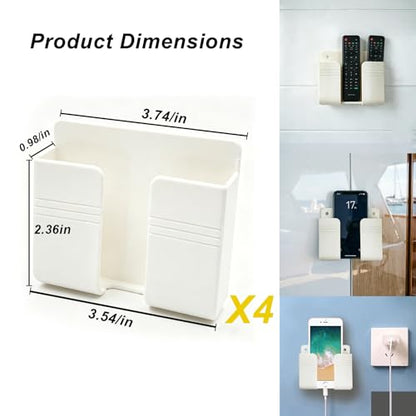 4 Pack Wall Mount Adhesive Storage Holder, No Drill Self Adhesive Wall Organizer, 3.54" x 2.87" Plastic Wall Mount Phone Remote Control Holder for Home, Office, Bathroom,Motorhome