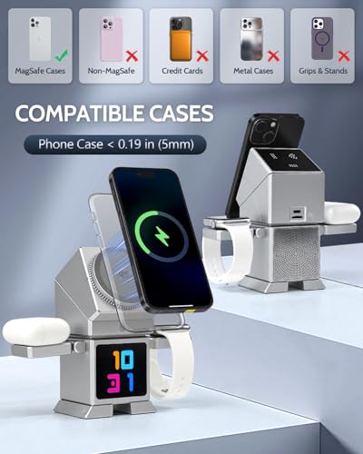 ModiTech 7 in 1 Wireless Charging Station for Apple-25W Qi2.2 Certified | Magnetic Magsafe Charger Stand for iPhone 17/16/15/14/13/12-Apple Watch-Airpods Series, Silver with Adapter - color: Silver