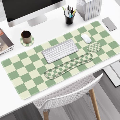 Large Gaming Mouse Pad Set, 4 in1 Ergonomics Keyboard Desk Mat with Memory Foam Wrist Rest, Extended Game Mousepad, Non-Slip Desk Pad Matt Easy Typing Pain Relief I Green Checkered - color: Green Checkered