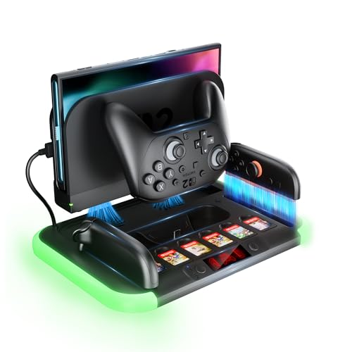 HEYSTOP Pro Controller Charger for Nintendo Switch 2, Fast-Magnetic Docking | Joycon Charging Station, RGB Light, Cooling Fan Heat Dissipation Stand, 6 Game Card Slots, Storage Console Holder