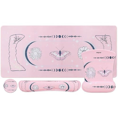 MEGREZ 4-in-1 Mouse Pad with Wrist Rest Ergonomic Memory Foam Desk Mat Set | ergonomic, anti-slip base, 4pcs set, desk pad, mouse wrist rest, keyboard rest, coaster, ideal for office & gaming - color: Cherry Blossom Pink