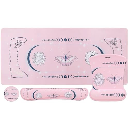 MEGREZ 4-in-1 Mouse Pad with Wrist Rest Ergonomic Memory Foam Desk Mat Set | ergonomic, anti-slip base, 4pcs set, desk pad, mouse wrist rest, keyboard rest, coaster, ideal for office & gaming - color: Cherry Blossom Pink