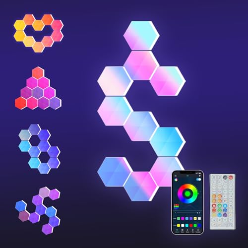 Hexagon LED Lights, 10 Pack with App and Remote Control | Frosted 3D plastic panels for gamers and creators; ideal for esports rooms, media walls and home theaters with app control. - size: 10pack