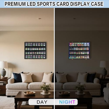 VERANI 36 LED Graded Sports Baseball Card Display Case Wall Mount Black | Large 36-slot inner space,Built-in soft LED light strips,Fully sealed dustproof structure,Wall mount vertical design - size: Large-Horizontal-Black-with LED