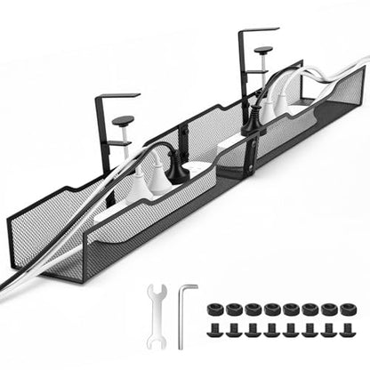 No Drill Under Desk Cable Management Tray, Extended-Length Metal Mesh Wire Organizer with Heavy Duty Clamp Mount for Home Office Standing Desk - Damage Free Cord Organization Solution