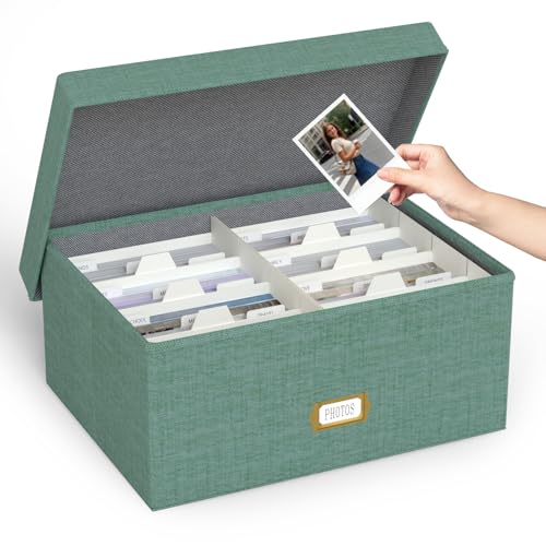 Decorative Photo Storage Box, Linen Photo Box Holds 1700 5x7 Pictures Green | Photo Storage Containers with 8 Dividers, Memory Keepsake Organizer for Photos, Scrapbook Supplies, Cards, Stamps,Archive Box - color: Green, size: 5x7 (1 Pack)