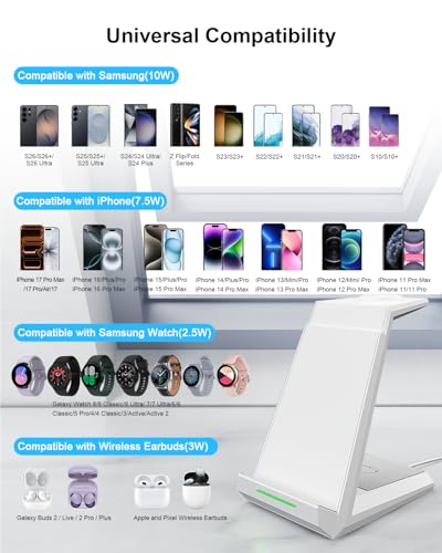 Wireless Charging Station for Samsung - NANAMI 3 in 1 Wireless Charger for Multiple Devices, Fast Charger Stand for Galaxy S25 S24 S23 Ultra S22 S21 Z Flip Fold 4,Watch 6/5/5 Pro/4/3,Galaxy Buds 2 Pro | Charger Stand for Galaxy S26 S25 S24 S23 S22 Z Flip