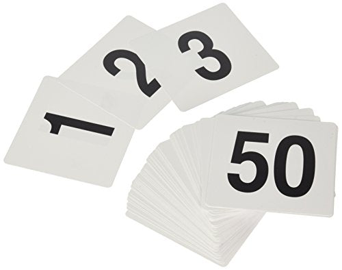 New Star Foodservice 23176 Plastic Table Numbers 1 to 50 Double Side, 4 by 4 Inch, Black on White - size: 4 x 4 inches, style: White (1-50)