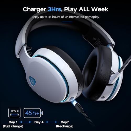 AOC 2.4GHz Wireless Gaming Headset for PS5, PS4 Fortnite & Call of Duty/FPS Gamers, PC, Switch, Bluetooth 6.0 Gaming Headphones with Noise Canceling Mic, 7.1 Virtual Surround, 45Hr Battery -White - color: White