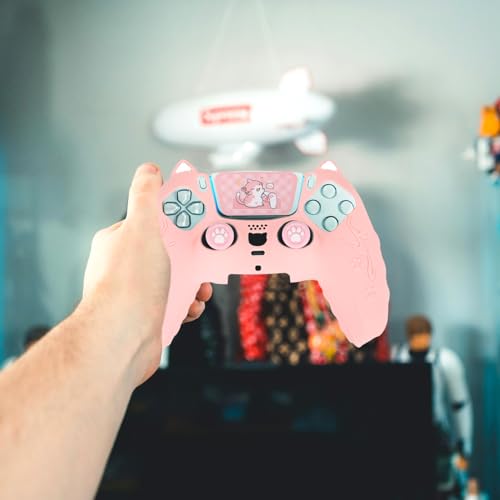 Pink Controller Skin Set for PS5, Cute Cat Paw Anti-Slip Silicone Cover Case for PS5 Wireless Controller Accessories Protective Shell with Thumb Grips & Touchpad Sticker, Girls Gamer Gifts