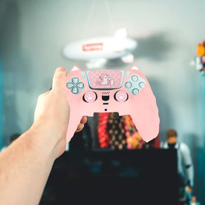 Pink Controller Skin Set for PS5, Cute Cat Paw Anti-Slip Silicone Cover Case for PS5 Wireless Controller Accessories Protective Shell with Thumb Grips & Touchpad Sticker, Girls Gamer Gifts