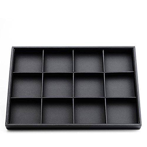 Oirlv Black Leather Necklace Tray 12-Grid | Black Leather Exterior, Soft Velvet Interior, 13.78"X9.45"X1.18" with 12 Removable Grid Inserts, Organized Necklace Storage - style: P01702