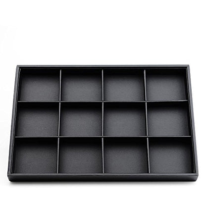 Oirlv Black Leather Necklace Tray 12-Grid | Black Leather Exterior, Soft Velvet Interior, 13.78"X9.45"X1.18" with 12 Removable Grid Inserts, Organized Necklace Storage - style: P01702