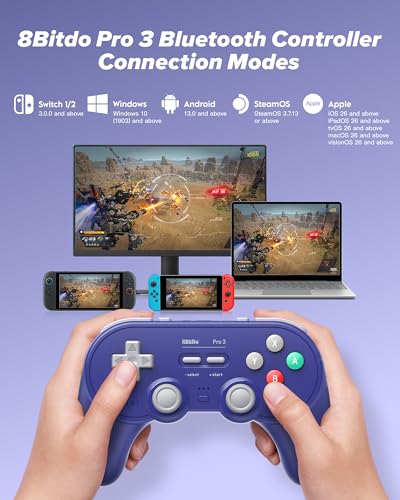 8Bitdo Pro 3 Bluetooth Controller with TMR Joysticks (Purple) | Swappable ABXY Buttons, Pro Back Buttons, Hall Triggers, Charging Dock, for Switch/Switch 2, Windows, Apple, SteamOS, Android - color: Purple, size: Pro 3